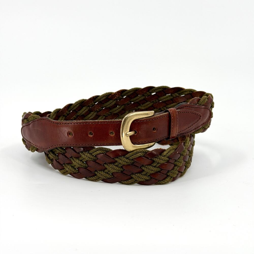 Vintage 90s Tuttle Golf Collection Brown Leather Green Cord Woven Belt